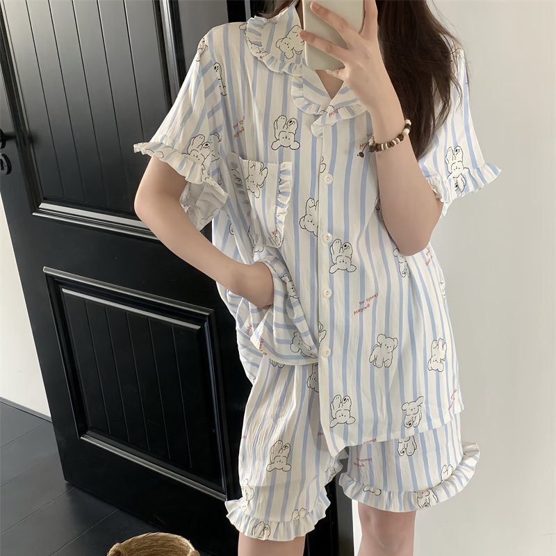 线条小狗睡衣女夏季加大码胖mm220斤短袖云朵棉家居服套装可外穿