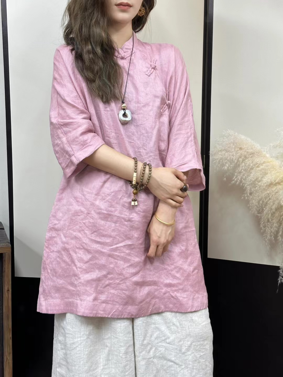 【小雨原创】7032纯色薄亚麻斜襟盘扣开衫（衣长85左右，胸围120左右）