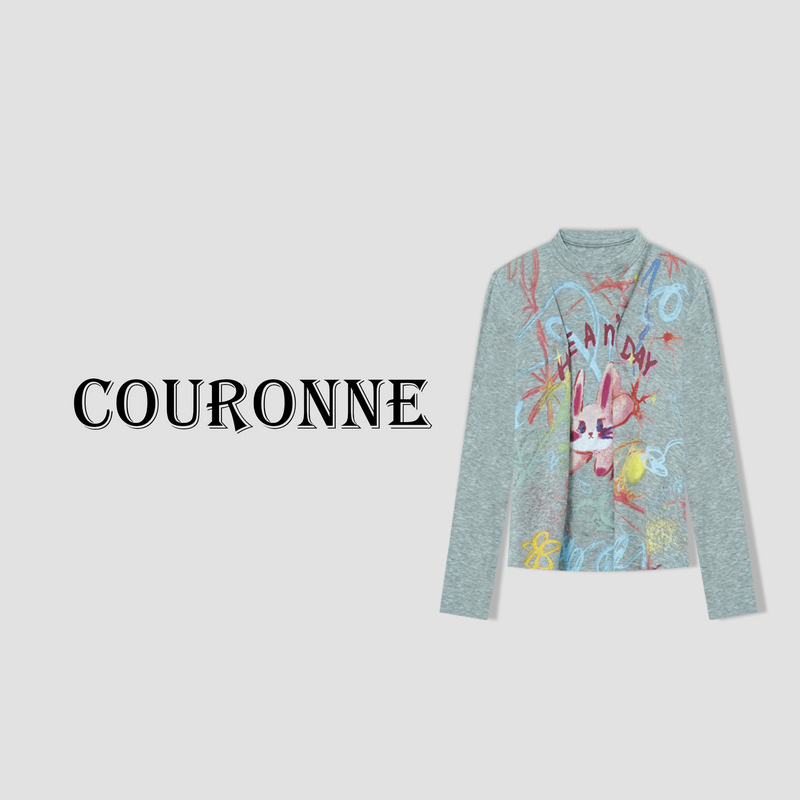 【小熊】-春夏‘’涂鸦兔’‘甜辣设计款印花长袖打底衫女上衣28601