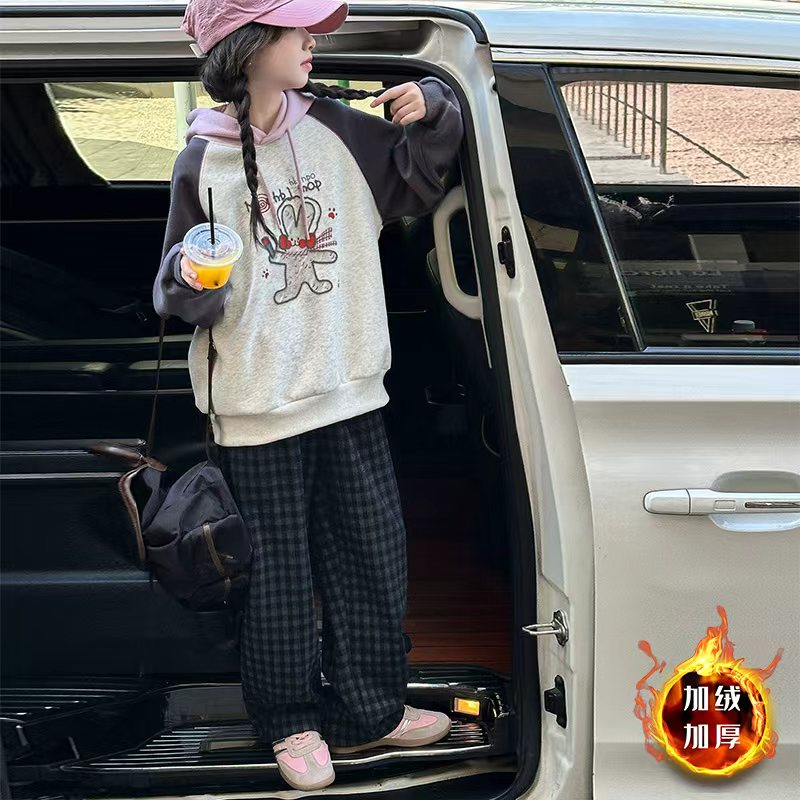 童装女童连帽卫衣套装2025秋季新款中大童女孩格子休闲裤两件套