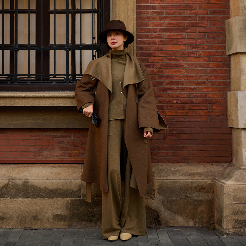 TRACY CHU LP原绒CASHMERE艺术咖绿超细山羊绒显高显瘦口袋直腿裤