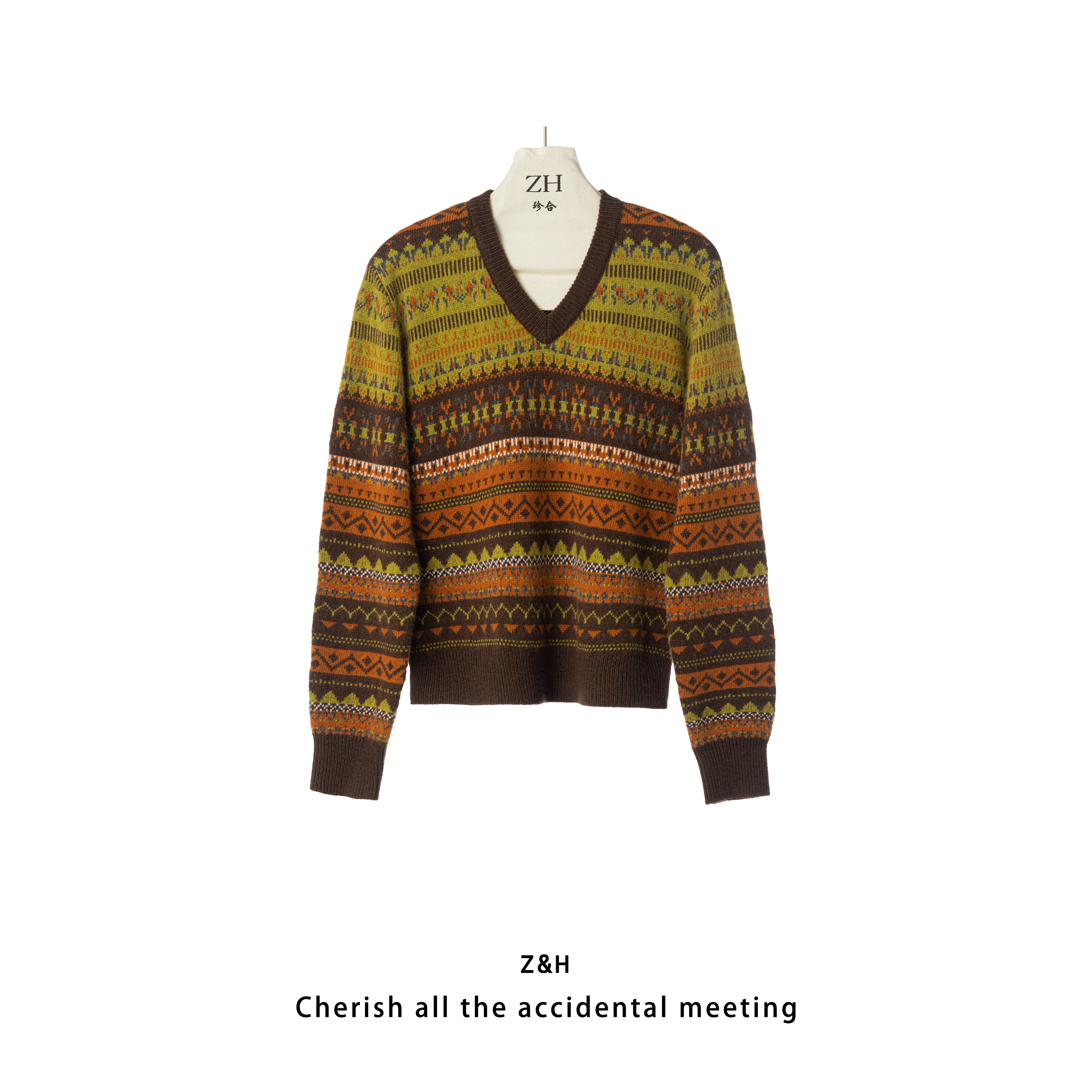 ZH【长安落雁】复古费尔岛风提花V领针织衫女套头毛衣