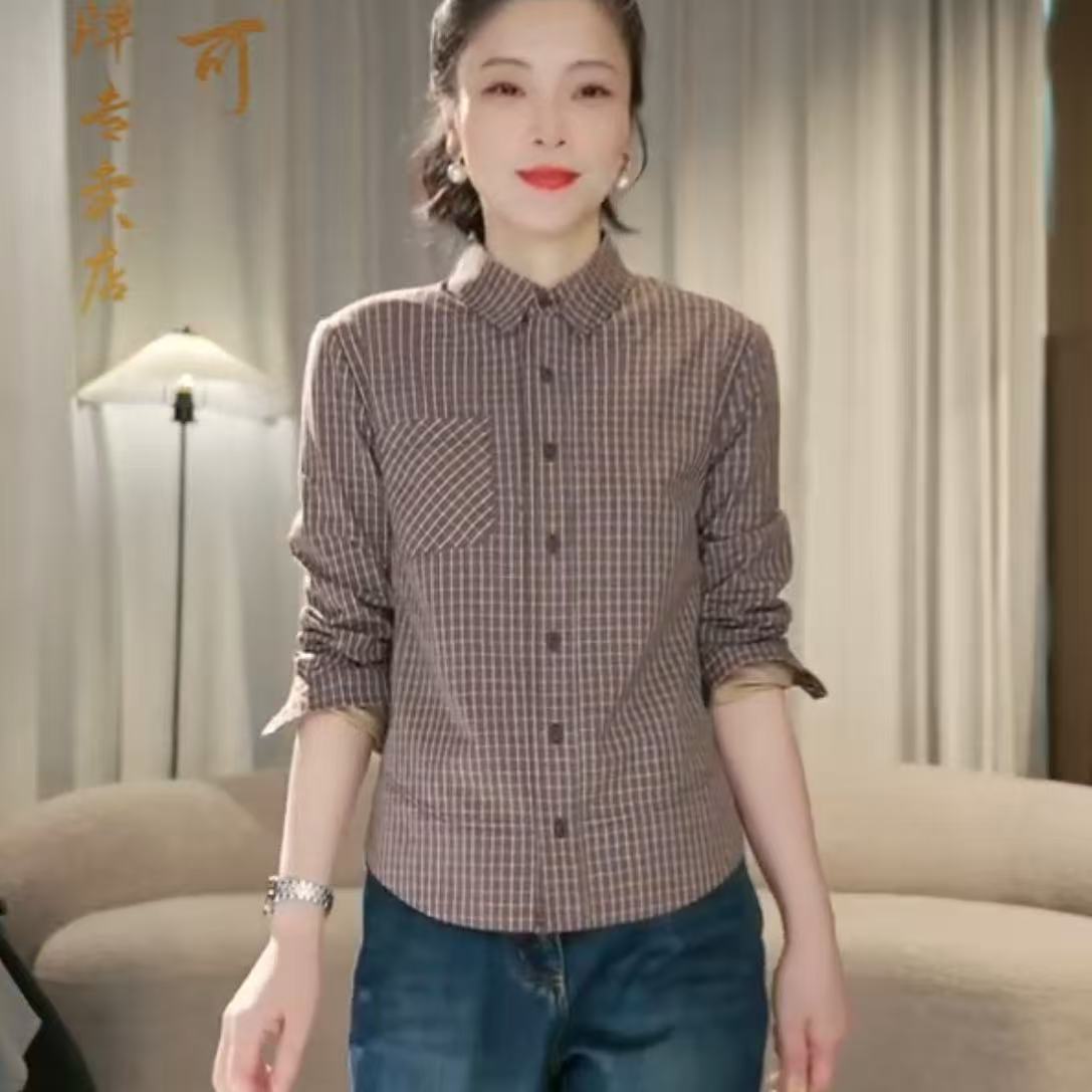 【涵舒可】休闲短款老钱小格子衬衫