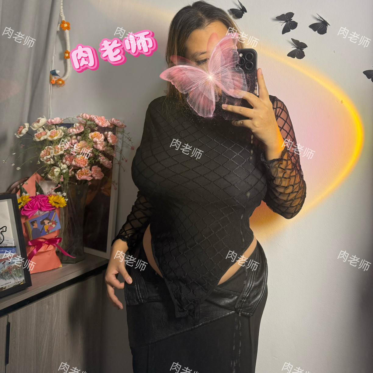 肉老师［隐魅黑纱］大码欧美跨境内衣内搭显瘦遮肉蕾丝雪纺打底衫