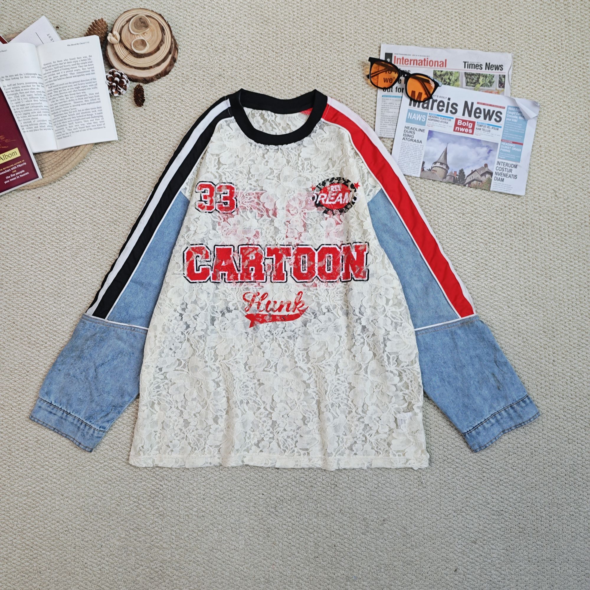 2025春季新款百搭牛仔拼蕾丝卡通印花卫衣长袖T恤9939