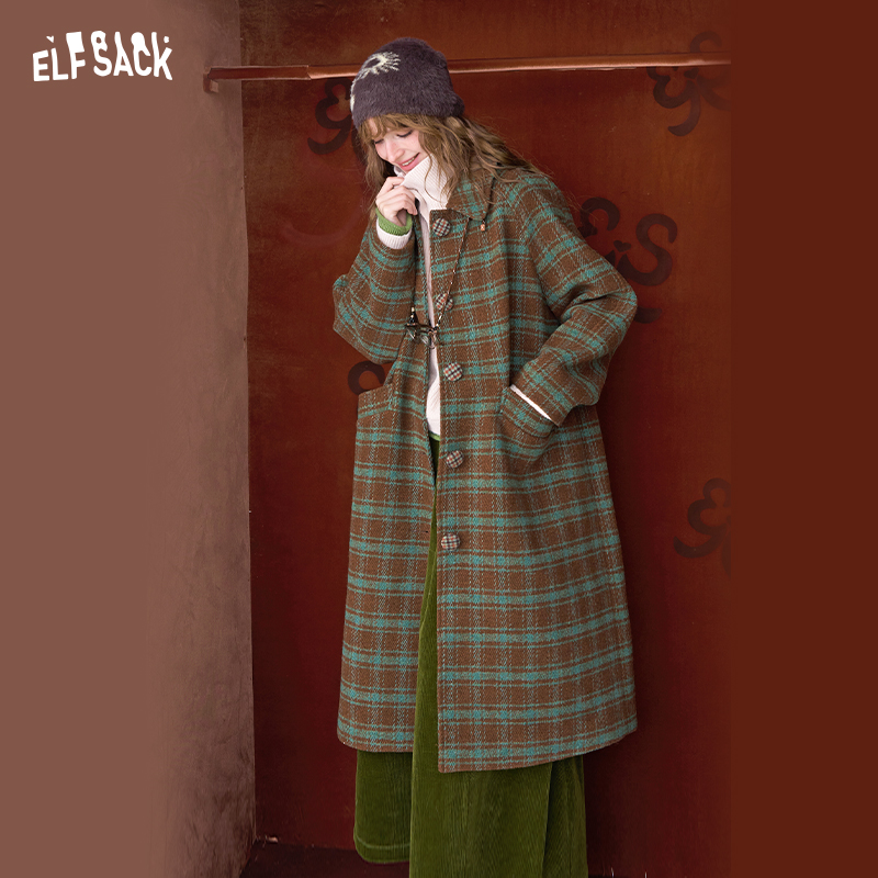 妖精的口袋复古格纹中长款毛呢外套2025冬小个子学院风25413033