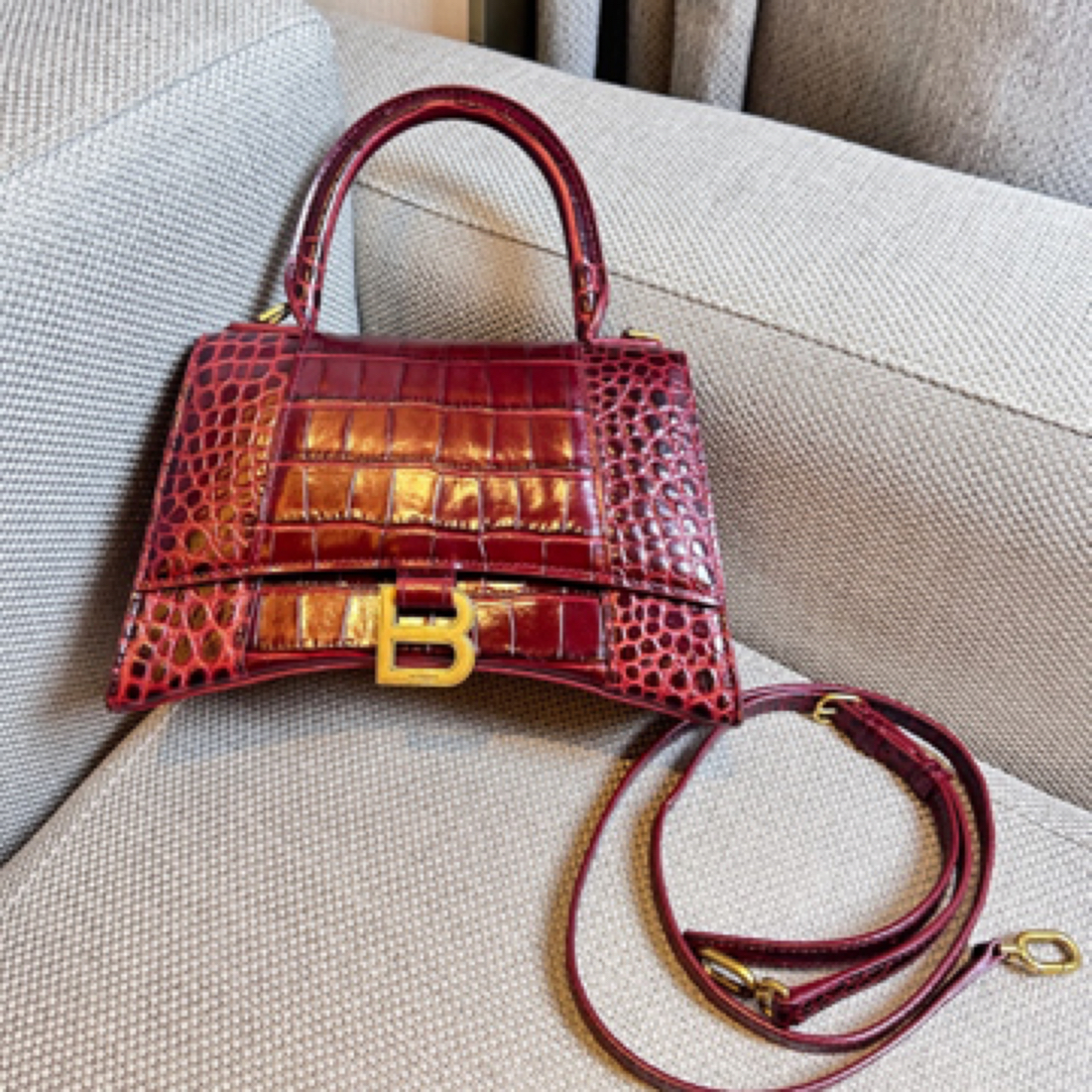 95新 Balenciaga/巴黎世家 酒红色鳄压小号沙漏斜挎手提包