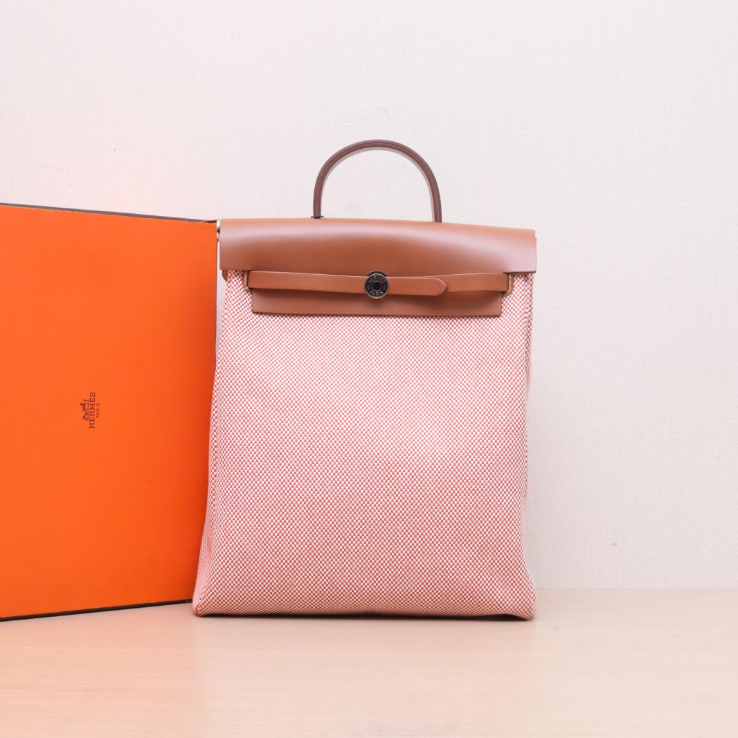 99新 Hermes/爱马仕 小花6欢 HERBAG 双肩包 金棕 Z刻 银扣