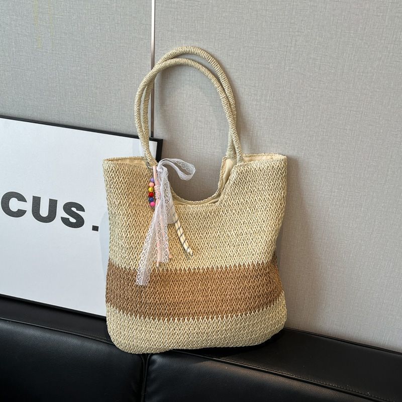 编织耐刮夏天托特包时尚桶包单肩包手拎包夏季编织包（缺口双拼色）