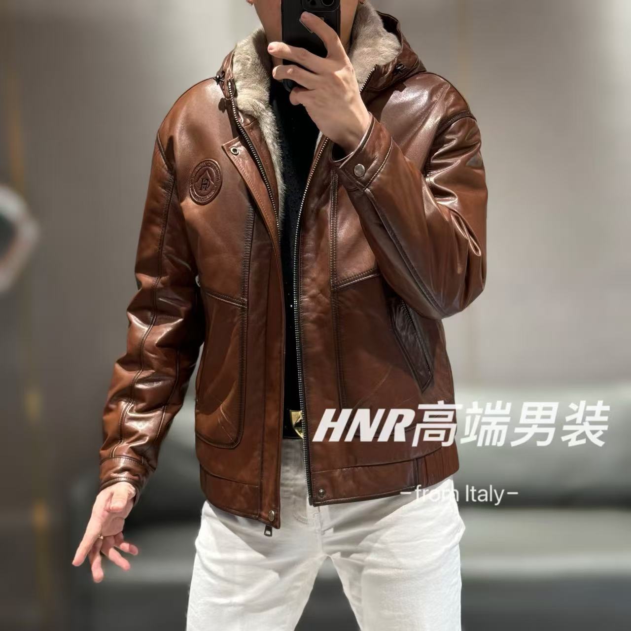 【真水貂山羊皮】前胸胸标设计款高端潮流简约时尚保暖皮衣24156A