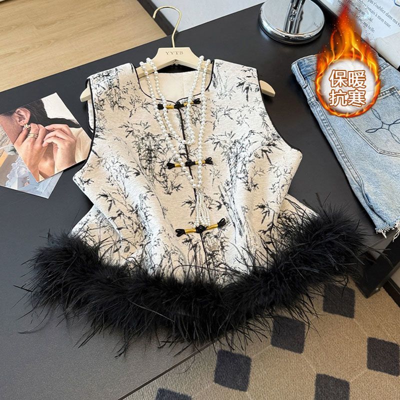 【毛可拆卸】加棉加厚高端新中式水墨画气质盘扣真毛拼接夹棉马甲