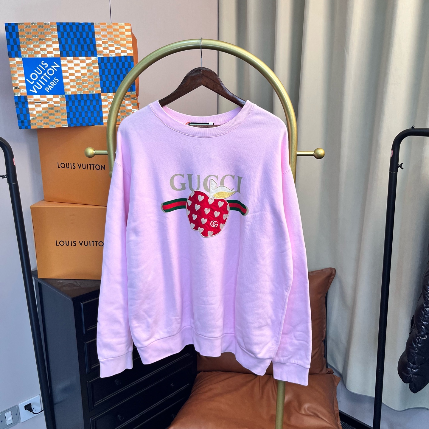 99新 GUCCI/古驰 梅芙 粉色苹果logo卫衣 m码
