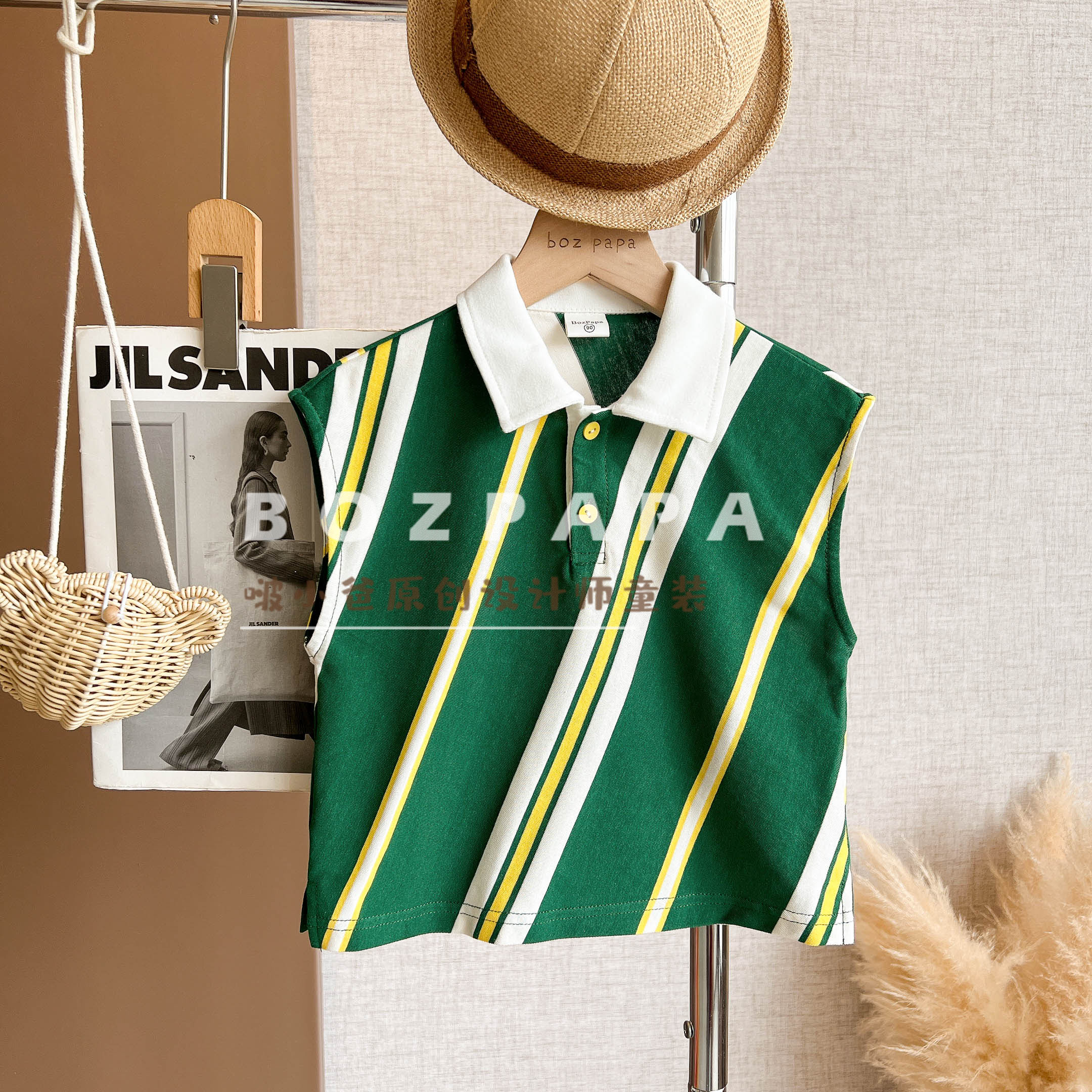 现货啵小爸【松林光影】2025夏季男童韩系休闲斜条纹无袖POLO衫