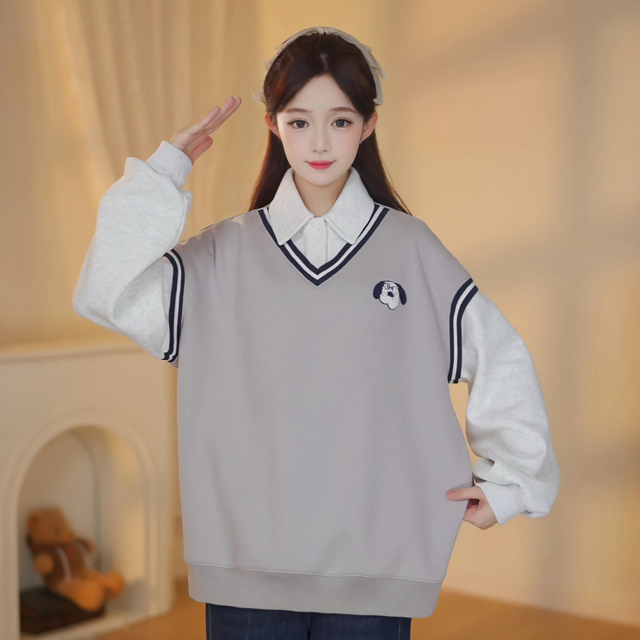 【初中生】卫衣女加绒冬季假两件学院风拼接上衣高中学生大童内搭厚
