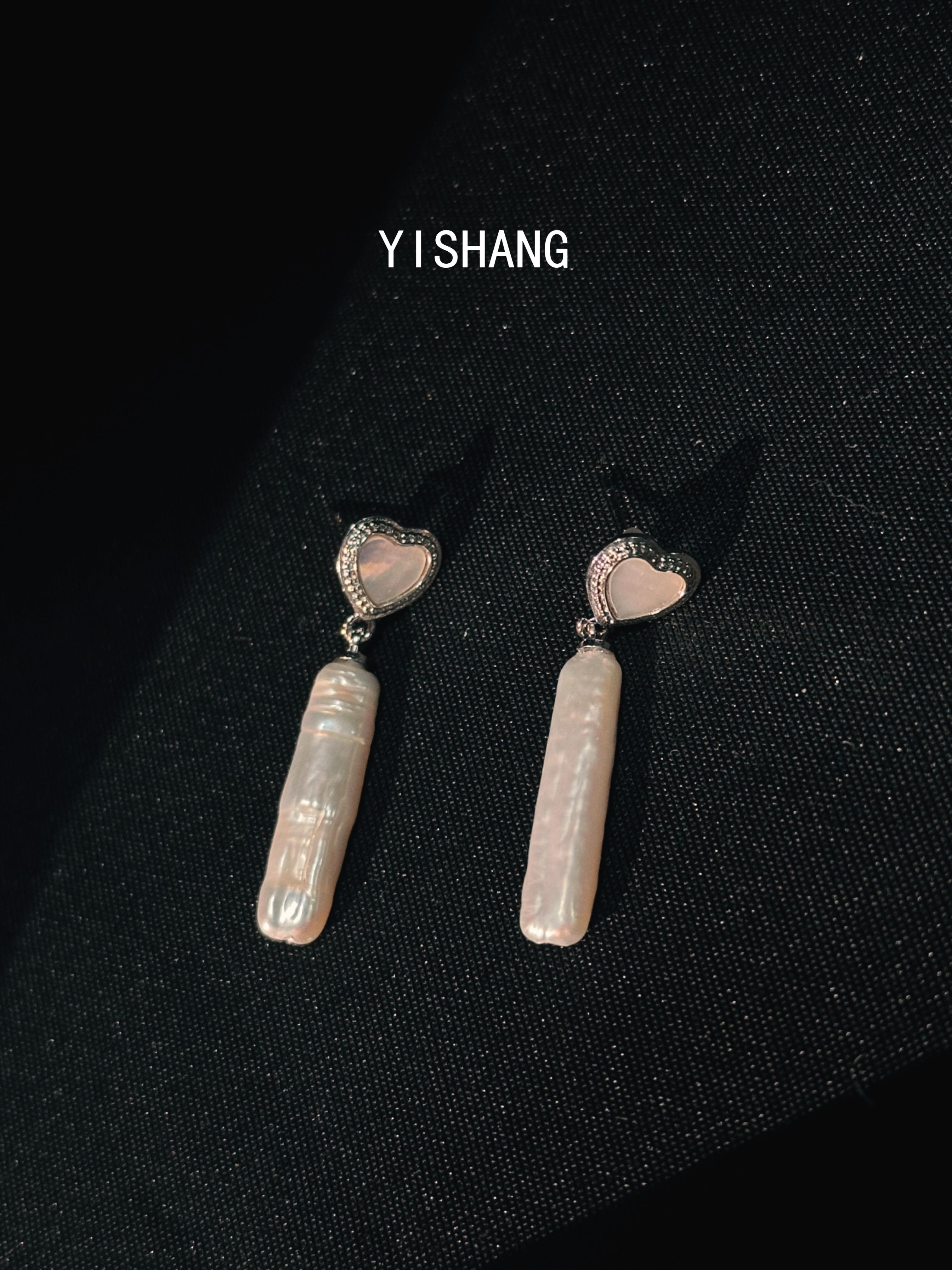 天然珍珠上上签小银条爱心925耳钉竹节气质简约百搭白色设计感