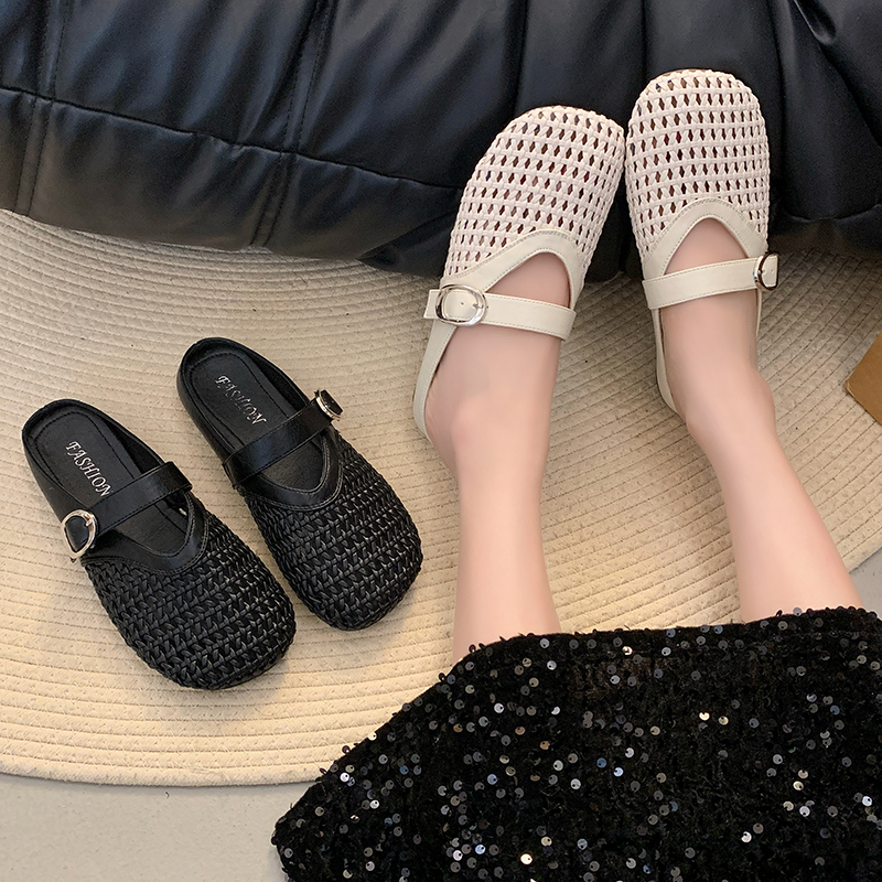 2025年新款百搭平底包头春夏季软底半托凉鞋手工编织皮质女鞋子