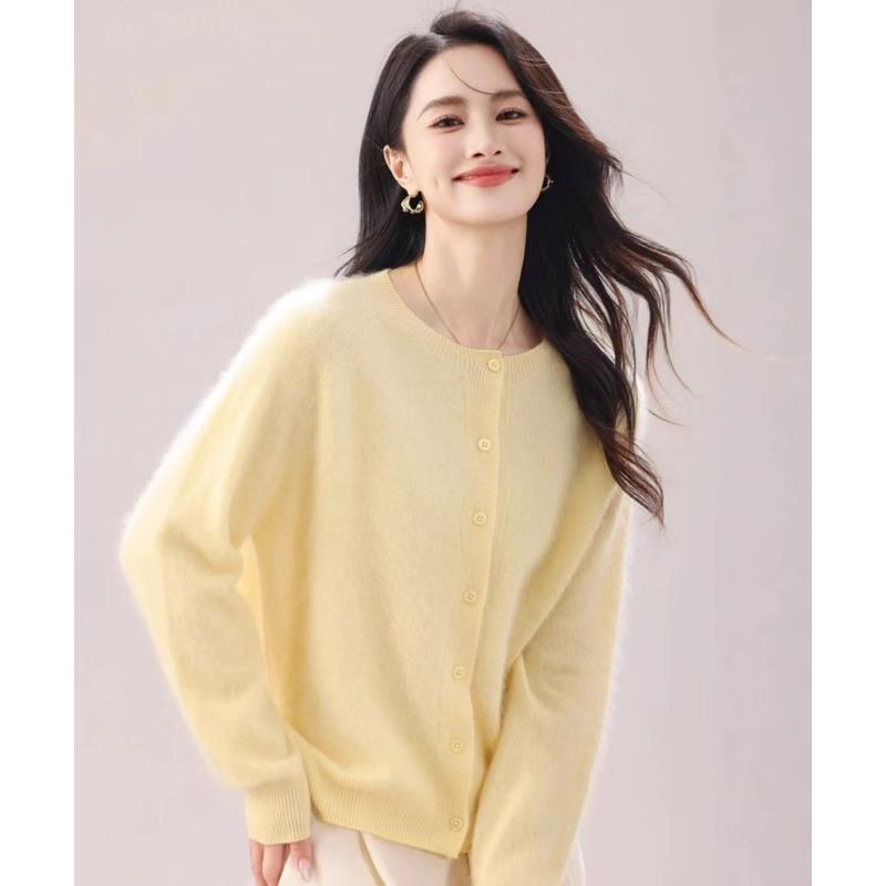 重磅100%羊绒宽松型拉绒针织女装开衫时尚秋冬韩版纯色长袖百搭