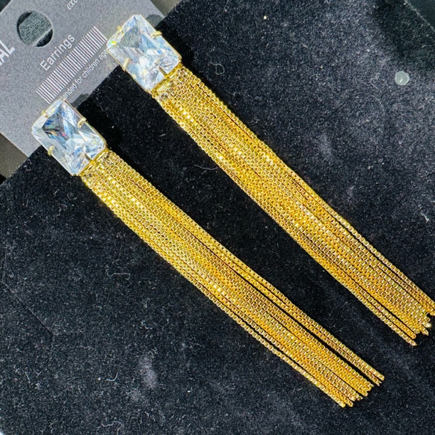 铜合金合成锆石耳饰 长款流苏耳环高级气质小众设计简约时尚百搭