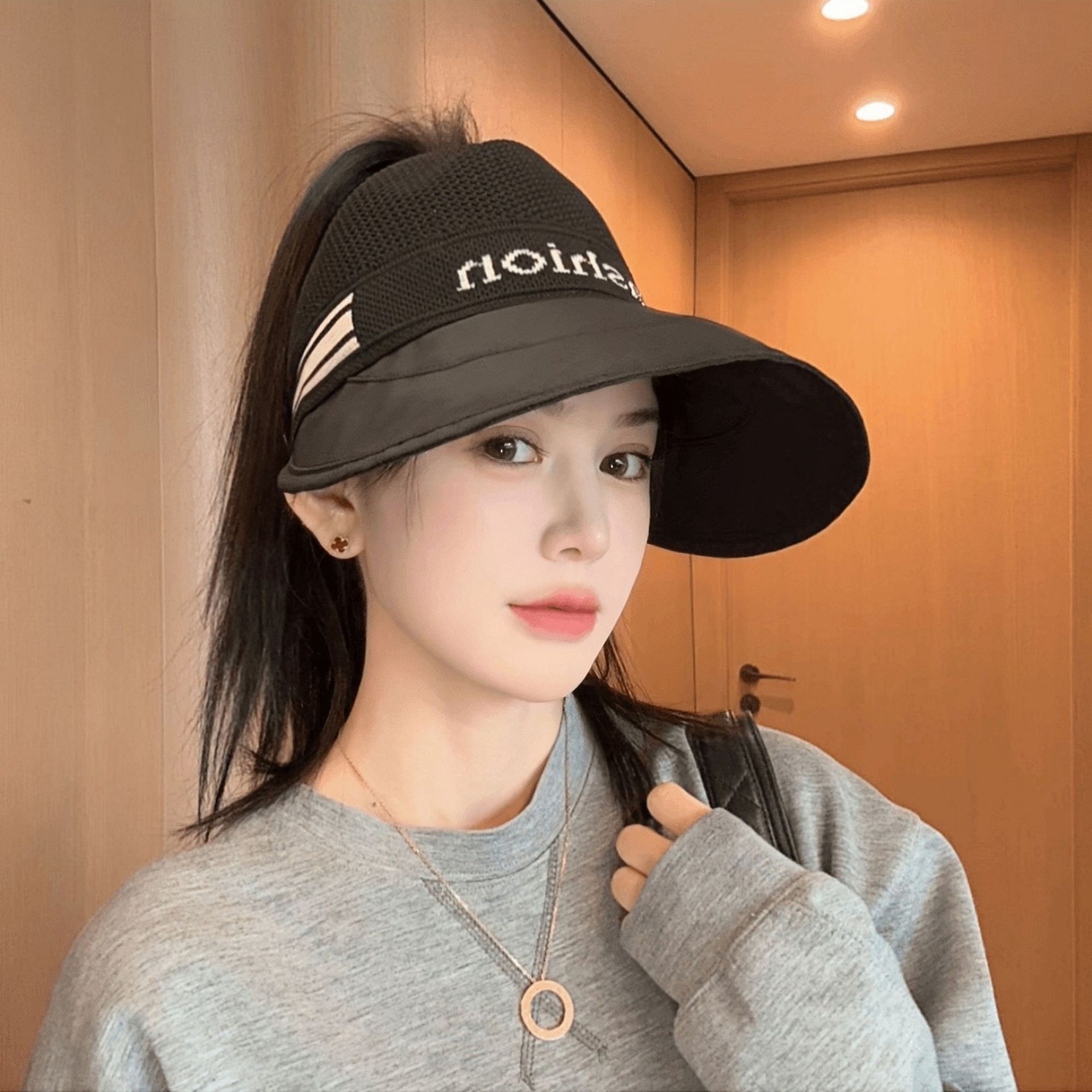 大帽檐镂空透气空顶可扎高马尾防晒帽女户外遮阳帽显脸小