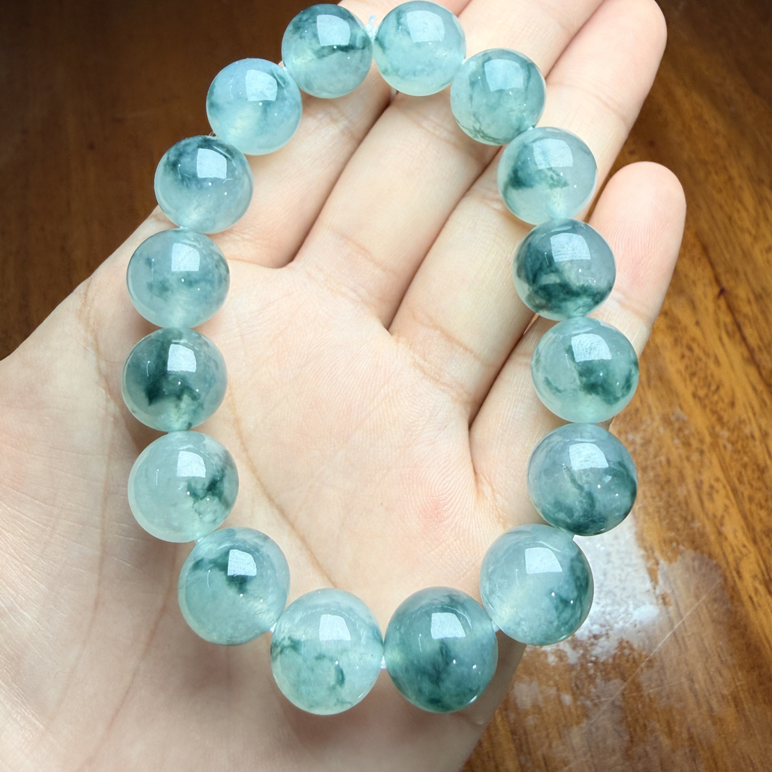 缅甸翡翠A货 糯冰种男士飘花手链12.7mm/16颗