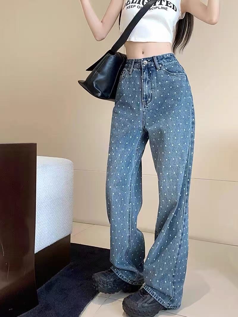 0606 Y25印花直筒牛仔裤女春秋显瘦复古阔腿长裤高腰拖地裤子