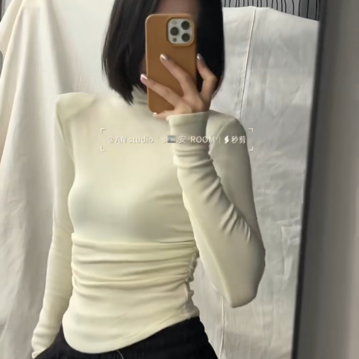 熊小姐家2025秋冬磨毛半高领褶皱收腰修身显瘦内搭长袖打底上衣女