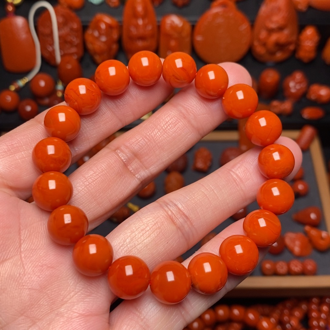 南红玛瑙柿子红火焰纹手串未镶嵌