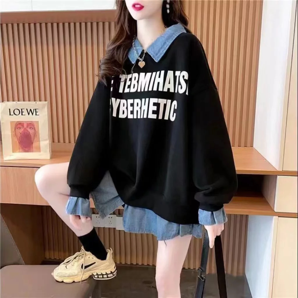 【胖妞妞优选】PLY-3318加绒拼接牛仔假两件卫衣