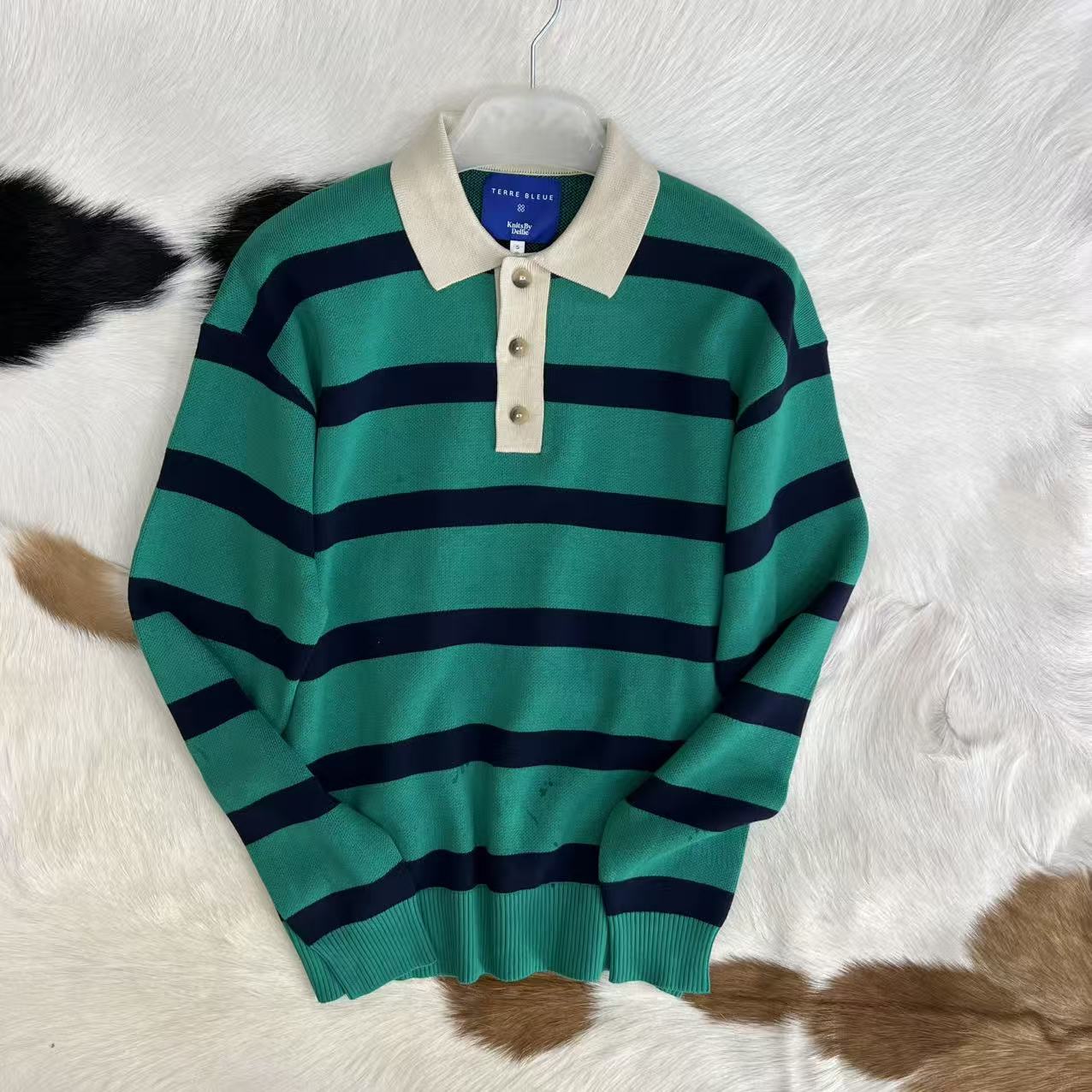 比利时订单 高级色系 男士纯棉针织翻领横条纹长袖毛衣针织衫