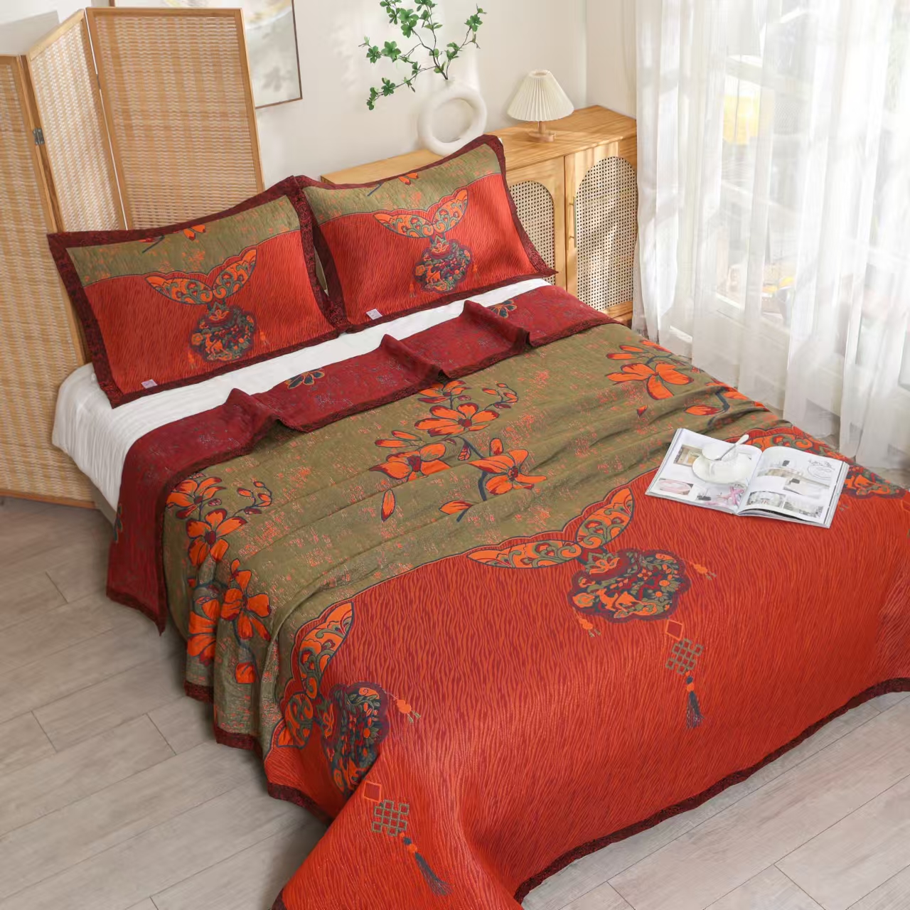 F【床盖-吉祥如意】230*250cm可铺可盖多层纱布亲肤通用床盖