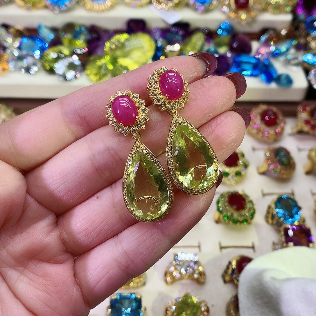 黄晶耳饰银S925镀金镶嵌