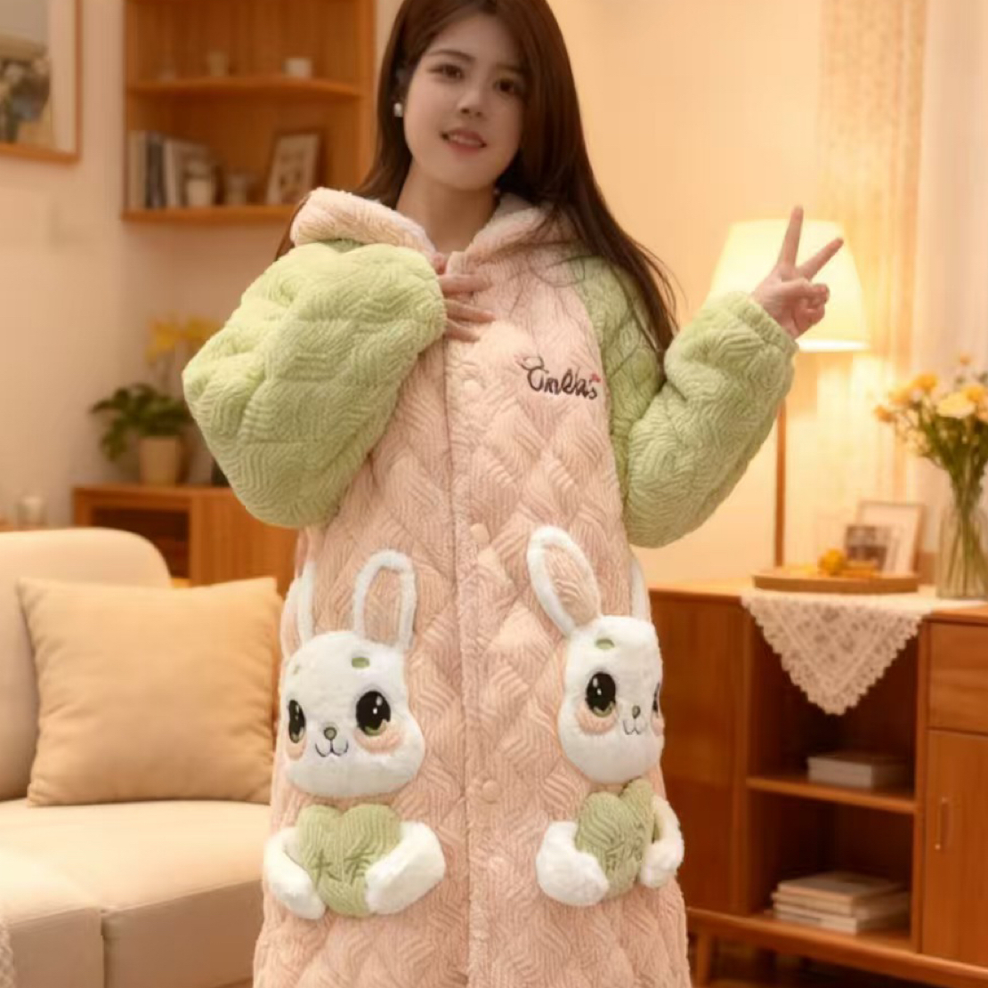 萌哒兔加厚长款冬季加厚保暖家居服