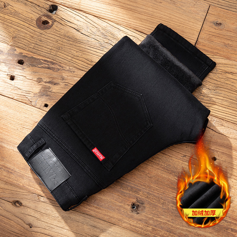 冬季高档黑色加绒加厚牛仔裤男修身直筒弹力潮流男士宽松保暖长裤