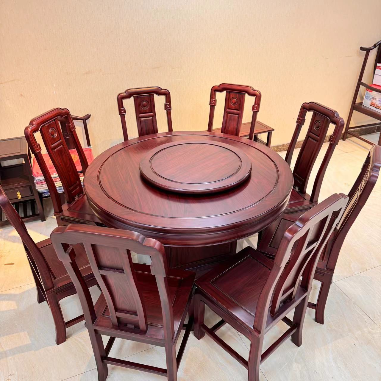 南美酸枝素面通板圆桌台餐桌酸枝全实木全榫卯结构（配2块玻璃）