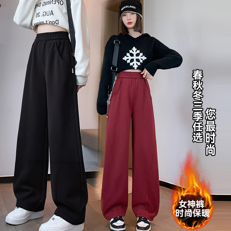 窄版阔腿裤女2025加绒秋冬季卫裤 休闲加厚直筒女裤百搭显瘦裤子