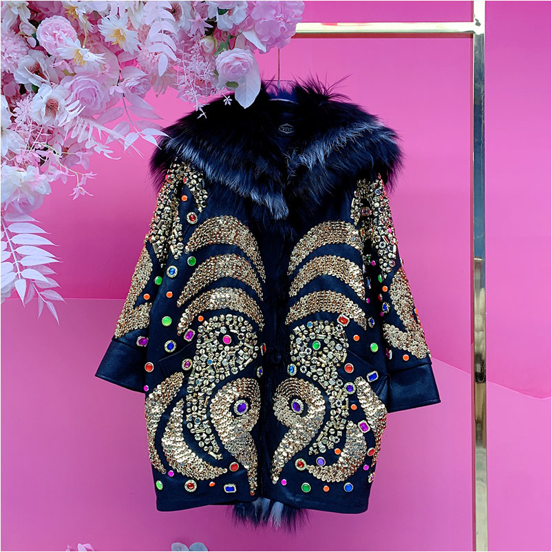 QD1823欧美设计师2025冬季新款钉钻亮片狐狸毛领鹅绒羽皮羽绒外套