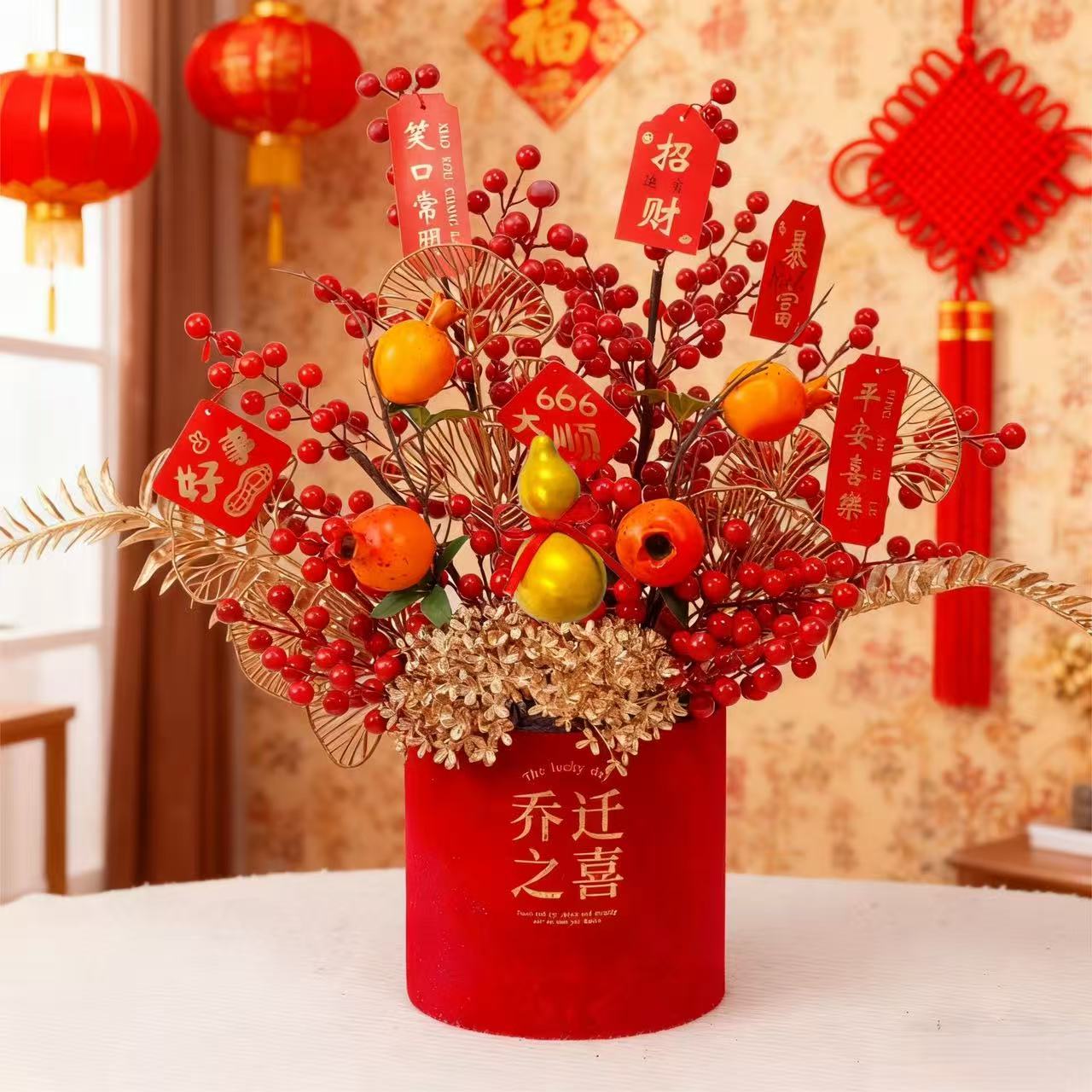 福桶喜庆发财果乔迁之喜新居结婚开业摆件仿真花装饰财运