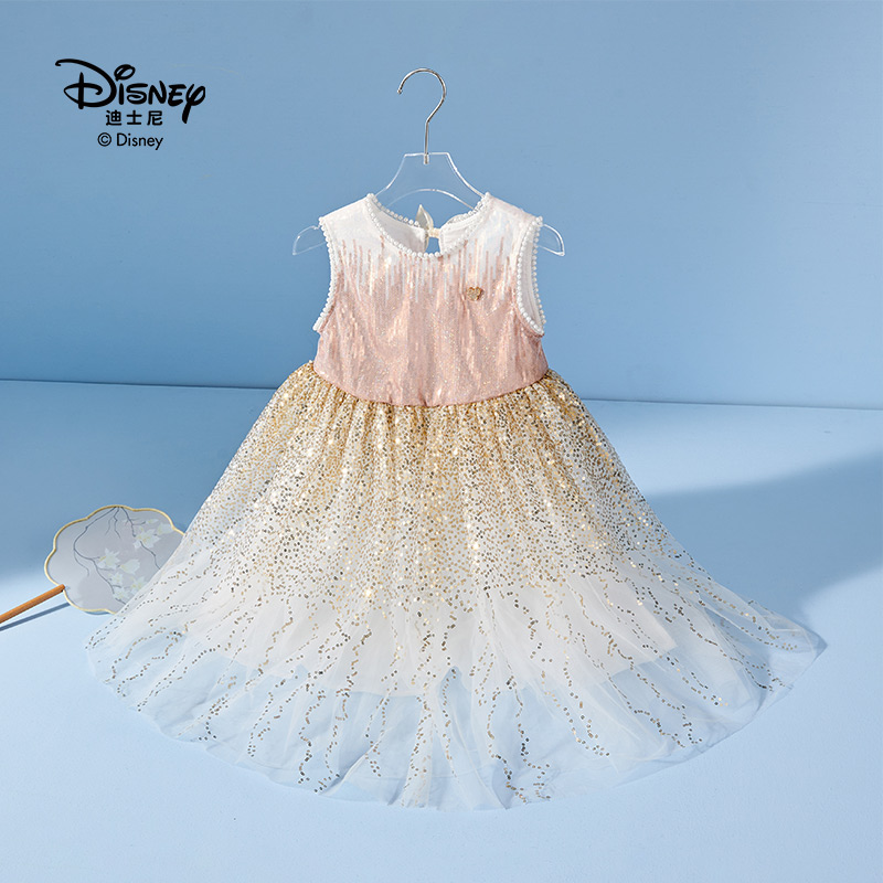 Disney/迪士尼女童夏季连衣裙时尚香槟亮片潮流高档儿童公主裙