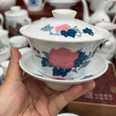 醴陵高温瓷釉下彩芙蓉盖碗180毫升