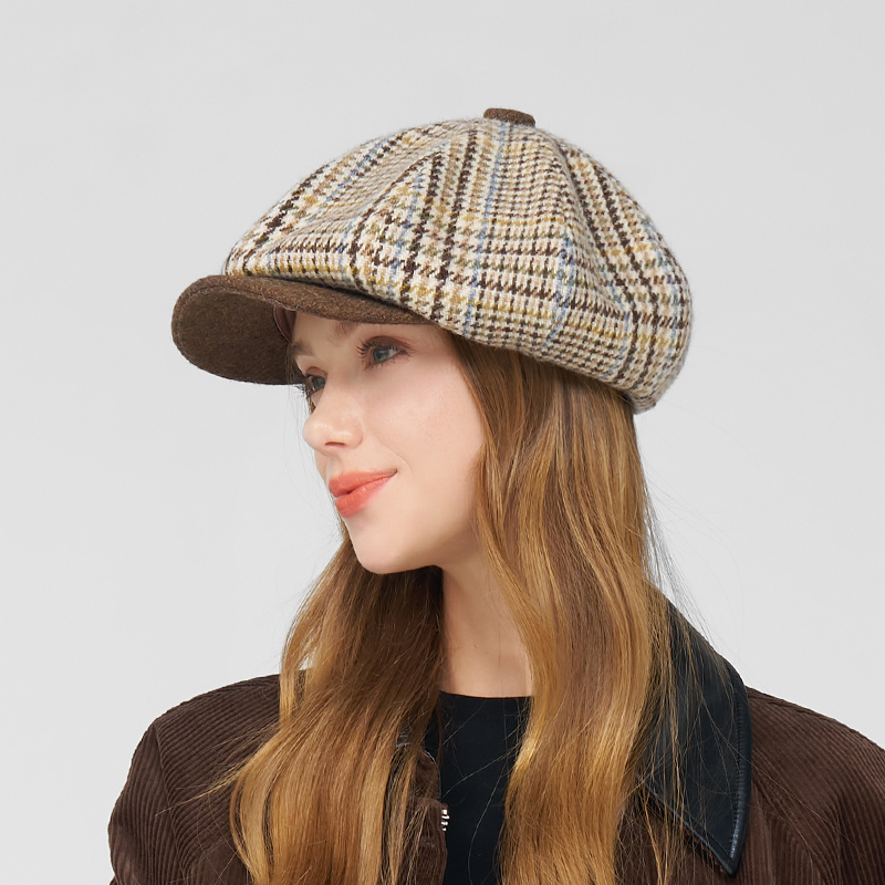 卡蒙100%绵羊毛呢英伦风反戴格子贝雷帽女加绒保暖八角画家帽新