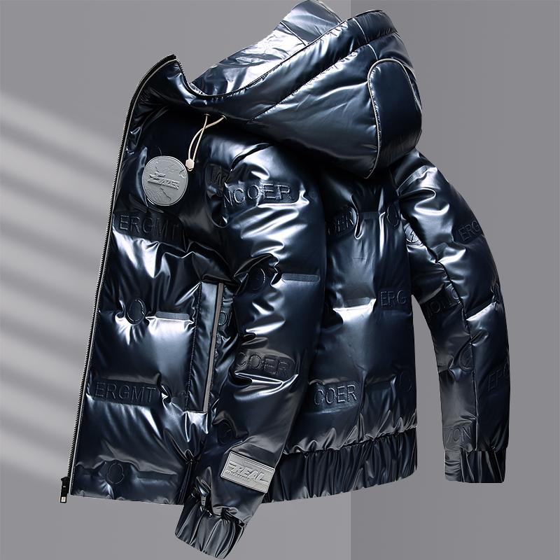 连帽羽绒服2025冬季防水亮面印花休闲男士短款潮流韩版保暖外套男