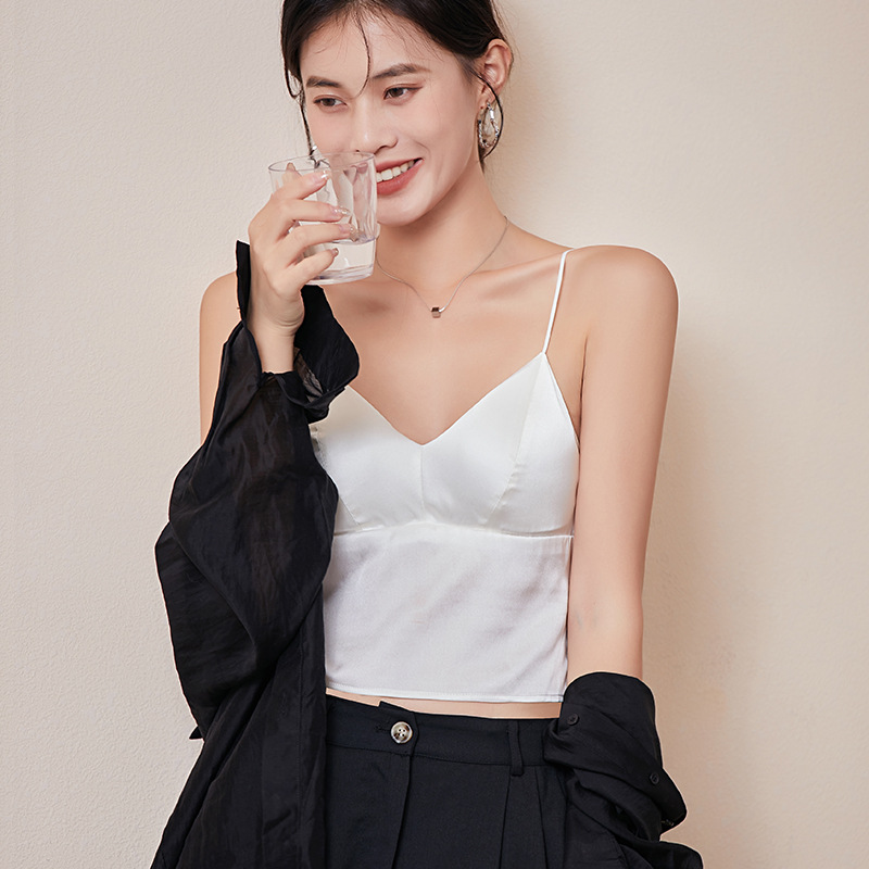 6A级100%桑蚕丝真丝吊带打底上衣白色内搭女背心带胸垫正品丝绸