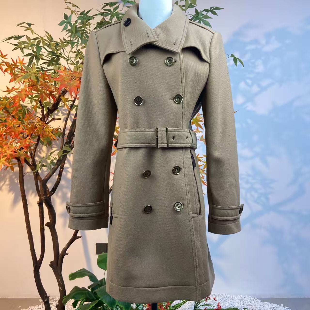 99新 BURBERRY/博柏利 250943/UK14/纯色双排扣腰带毛呢大衣