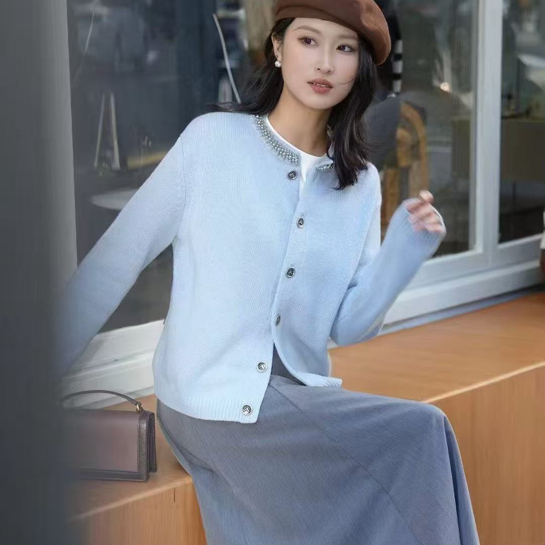 纯羊毛针织外套小香风钉珠精致长毛衣开衫女士548091