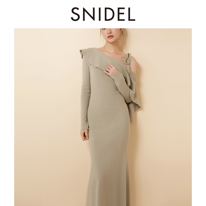 SNIDEL 新款荷叶边单肩吊带针织拼接连衣裙SWNO245066