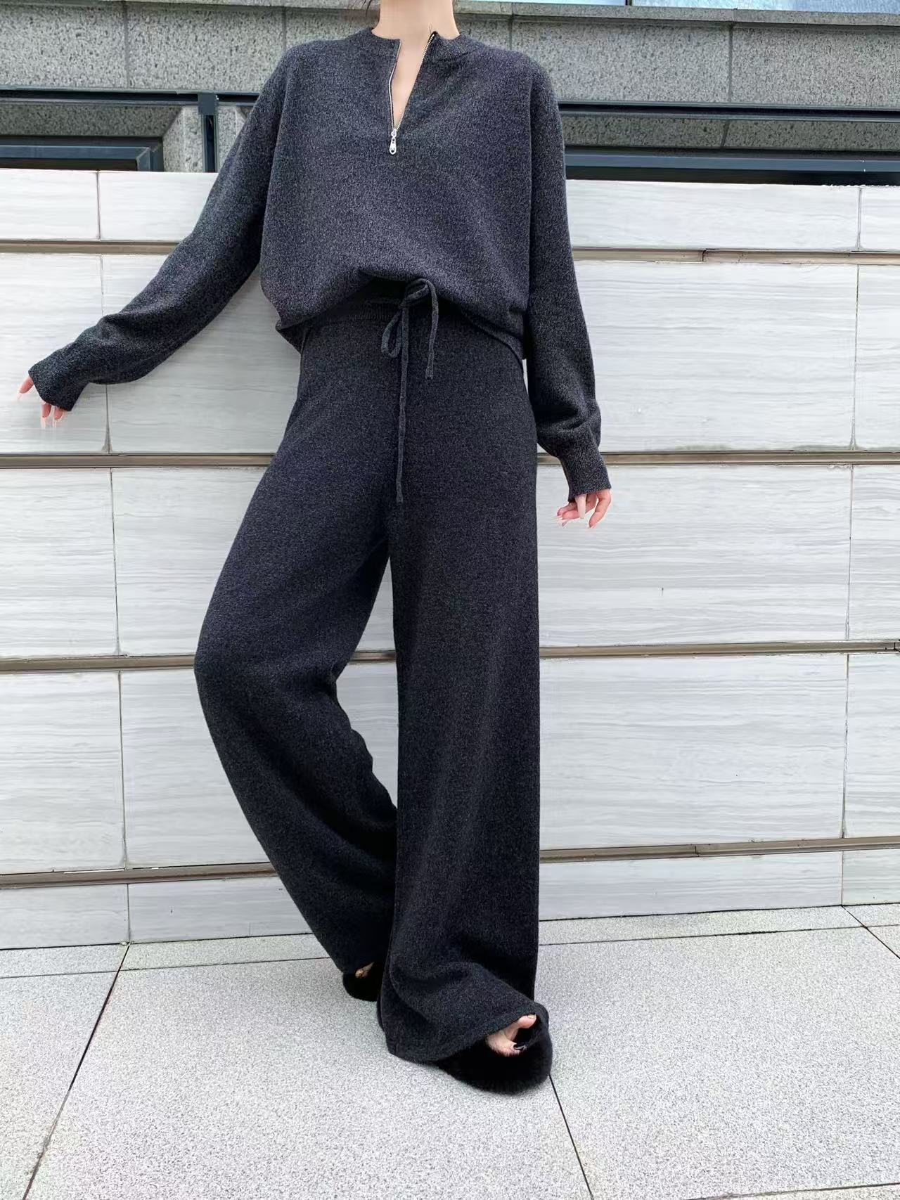 10羊绒90羊毛休闲针织裤厚款阔腿裤休闲裤子打底秋冬女士