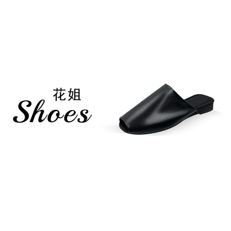 鱼嘴半拖简约纯色包头拖低跟舒适平跟浅口平底包头拖鞋-137