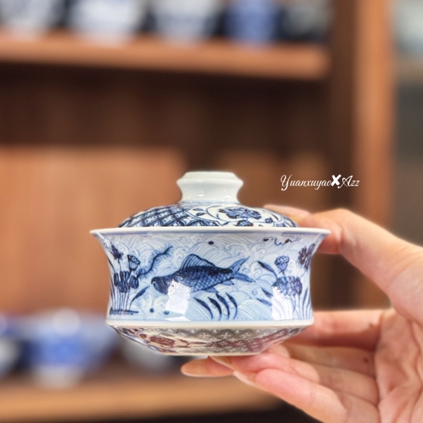 元煦窑·青花钱多多鱼藻纹 马蹄形盖下130ml铜钱纹仿明青花锡斑