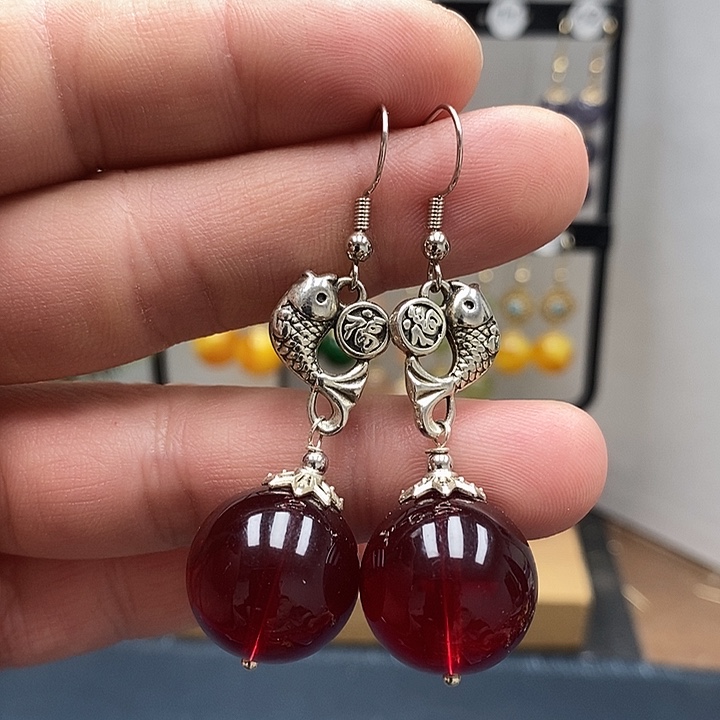 血珀银S925镶嵌耳饰尺寸18mm