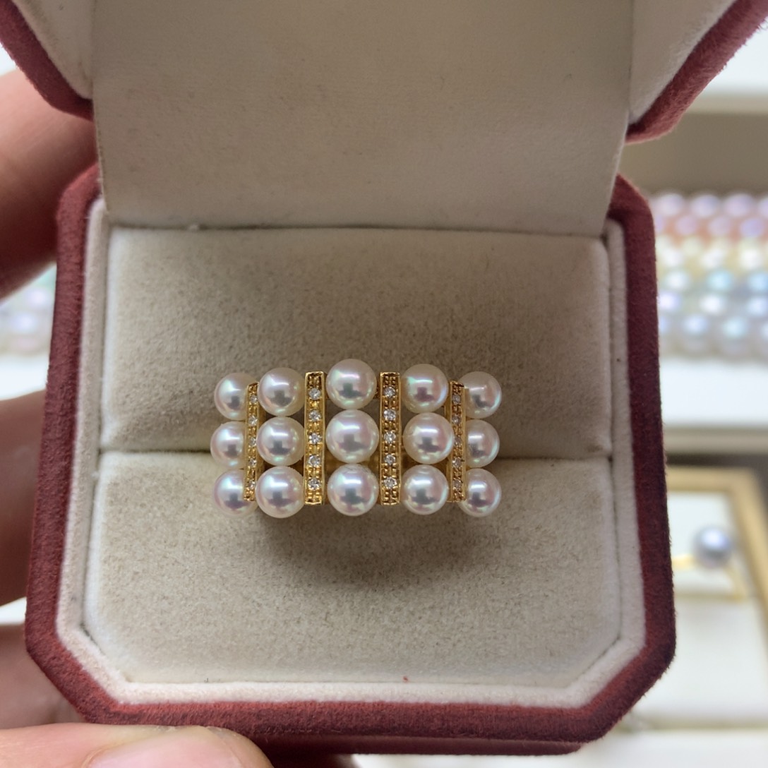 海水珍珠戒指18K金镶嵌Akoya设计款排戒